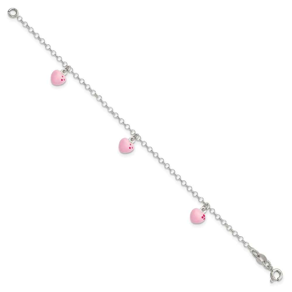 Sterling Silver Polished Pink Enameled Hearts Children's Bracelet (QG4081-6)