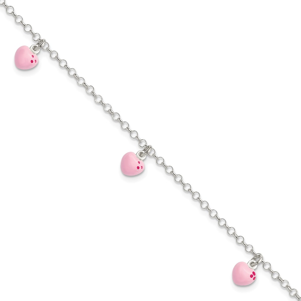 Sterling Silver Polished Pink Enameled Hearts Children's Bracelet (QG4081-6)