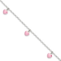 Sterling Silver Polished Pink Enameled Hearts Bracelet - 6in view 1