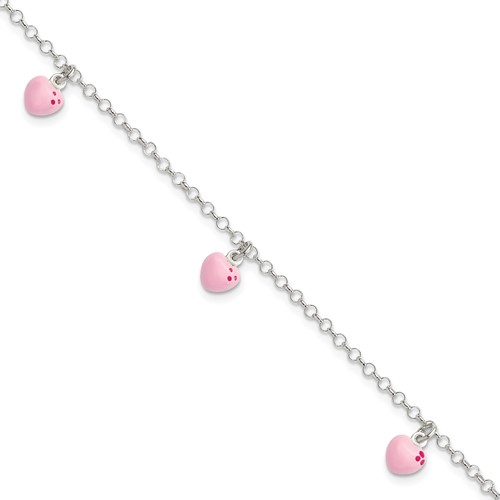 Sterling Silver Polished Pink Enameled Hearts Bracelet, 6"