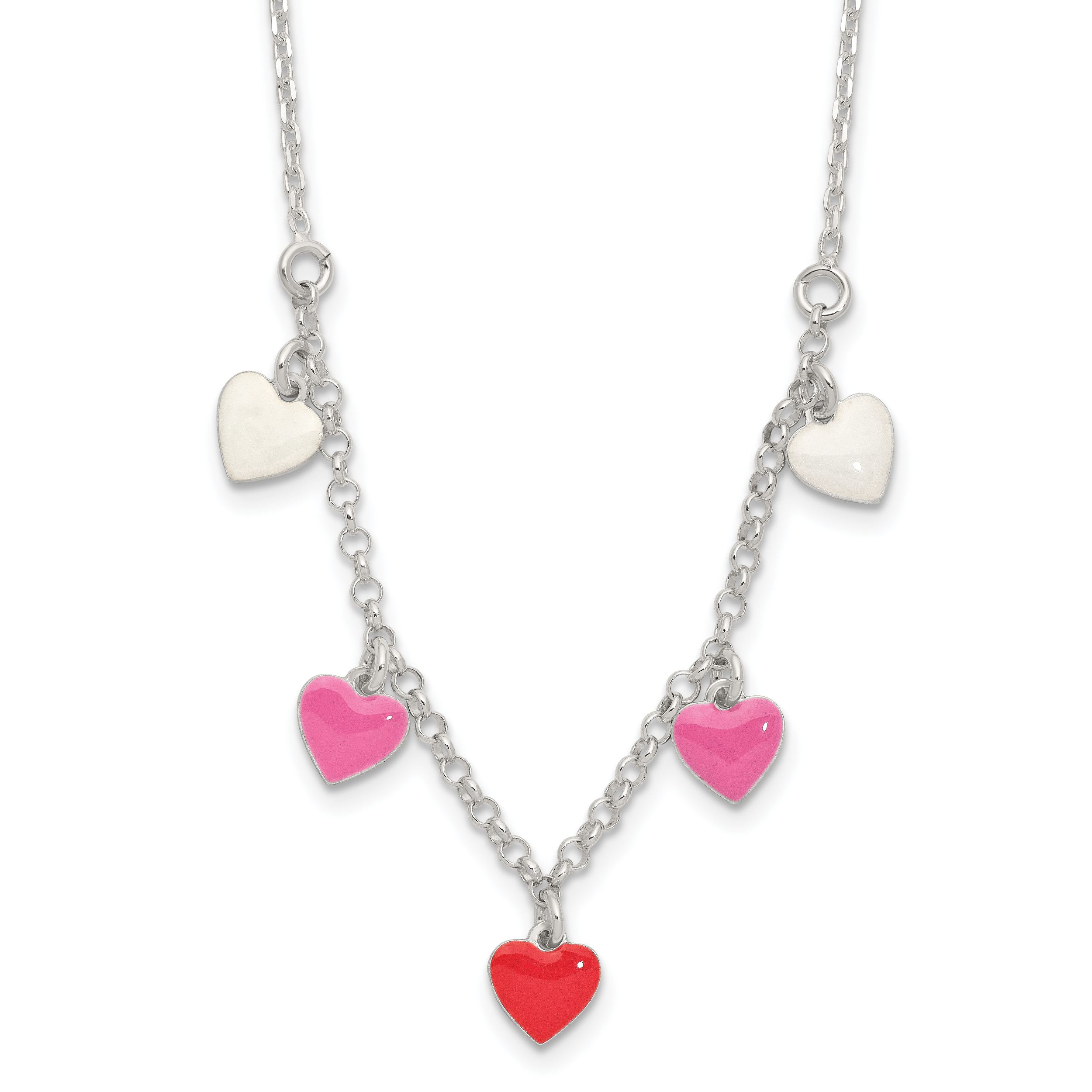 Sterling Silver Polished Pink/Red/White Enamel Heart Children's Necklace (QG4082-14)