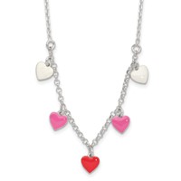 Sterling Silver Polished Pink Red White Enamel Heart Necklace, 14" view 1