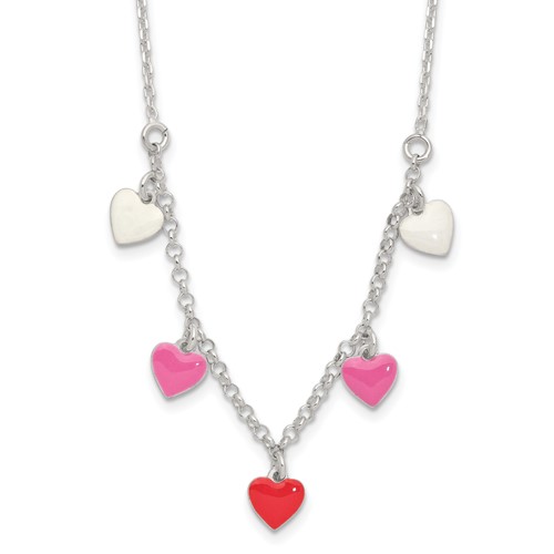 Sterling Silver Polished Pink Red White Enamel Heart Necklace, 14"