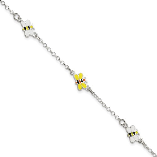 Sterling Silver Polished and Enameled Bees Plus 1 Inch Extension Bracelet, 5"