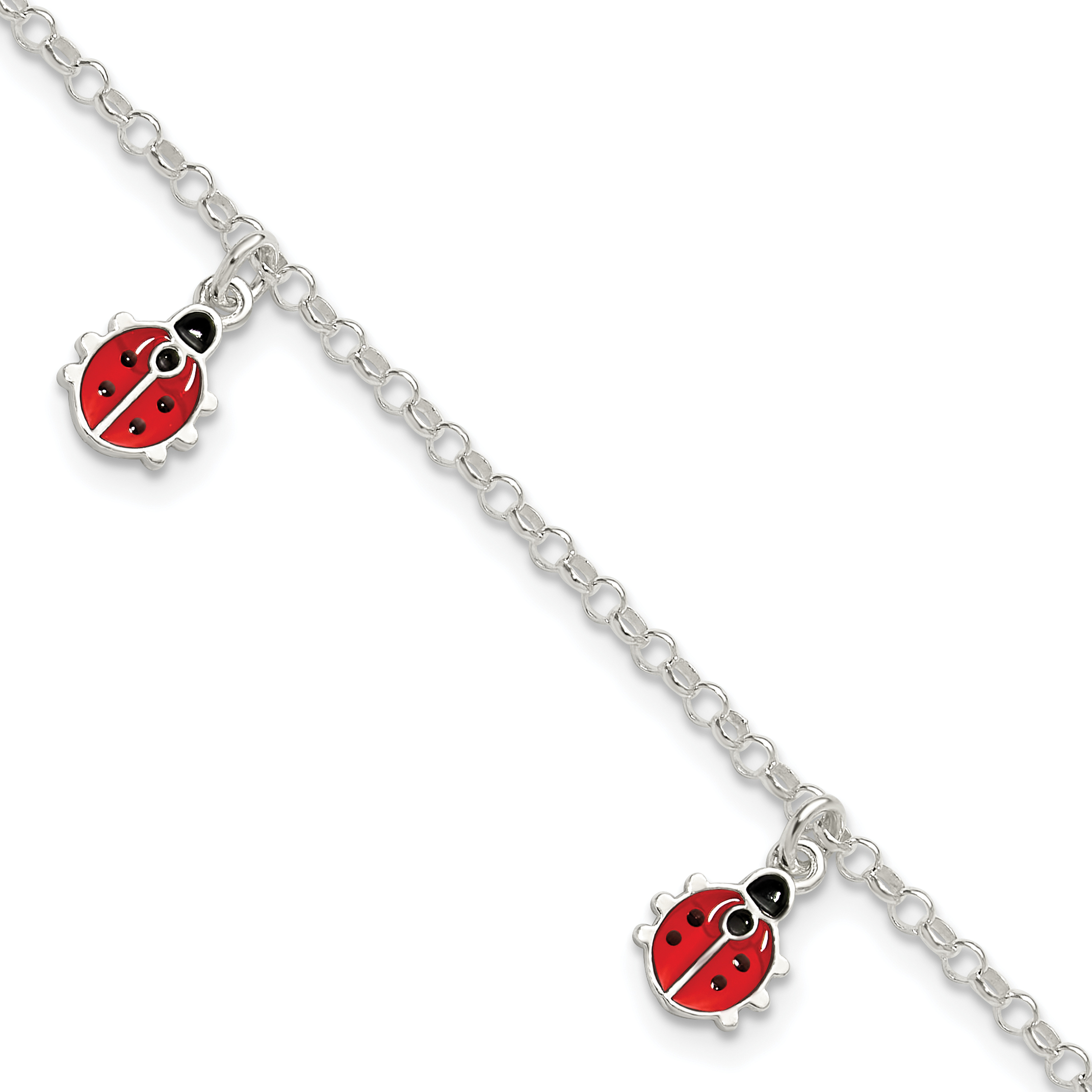 Sterling Silver Polished Enameled Ladybugs w/ 1in ext. Children's Bracelet (QG4086-6)