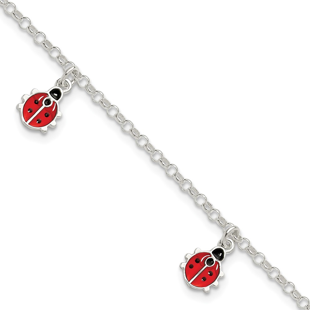 Sterling Silver Childrens Enameled Ladybug 6in Plus 1in ext Bracelet