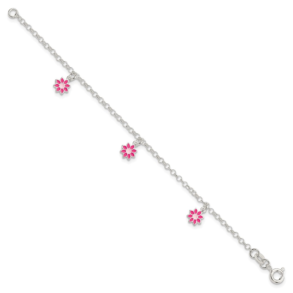 Sterling Silver Polished Pink Enameled Flowers Children's Bracelet (QG4089-6)