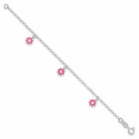 Sterling Silver Polished Pink Enameled Dangle Flowers Bracelet, 6" view 2