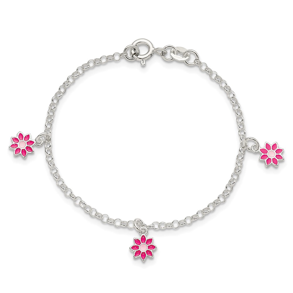 Sterling Silver Polished Pink Enameled Flowers Children's Bracelet (QG4089-6)