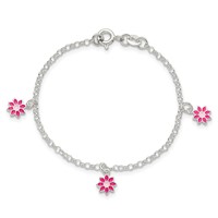 Sterling Silver Polished Pink Enameled Dangle Flowers Bracelet, 6" view 4