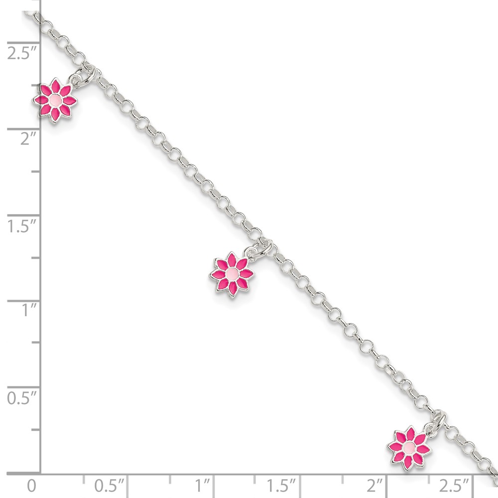 Sterling Silver Polished Pink Enameled Flowers Children's Bracelet (QG4089-6)