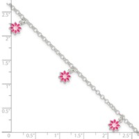 Sterling Silver Polished Pink Enameled Dangle Flowers Bracelet, 6" view 3