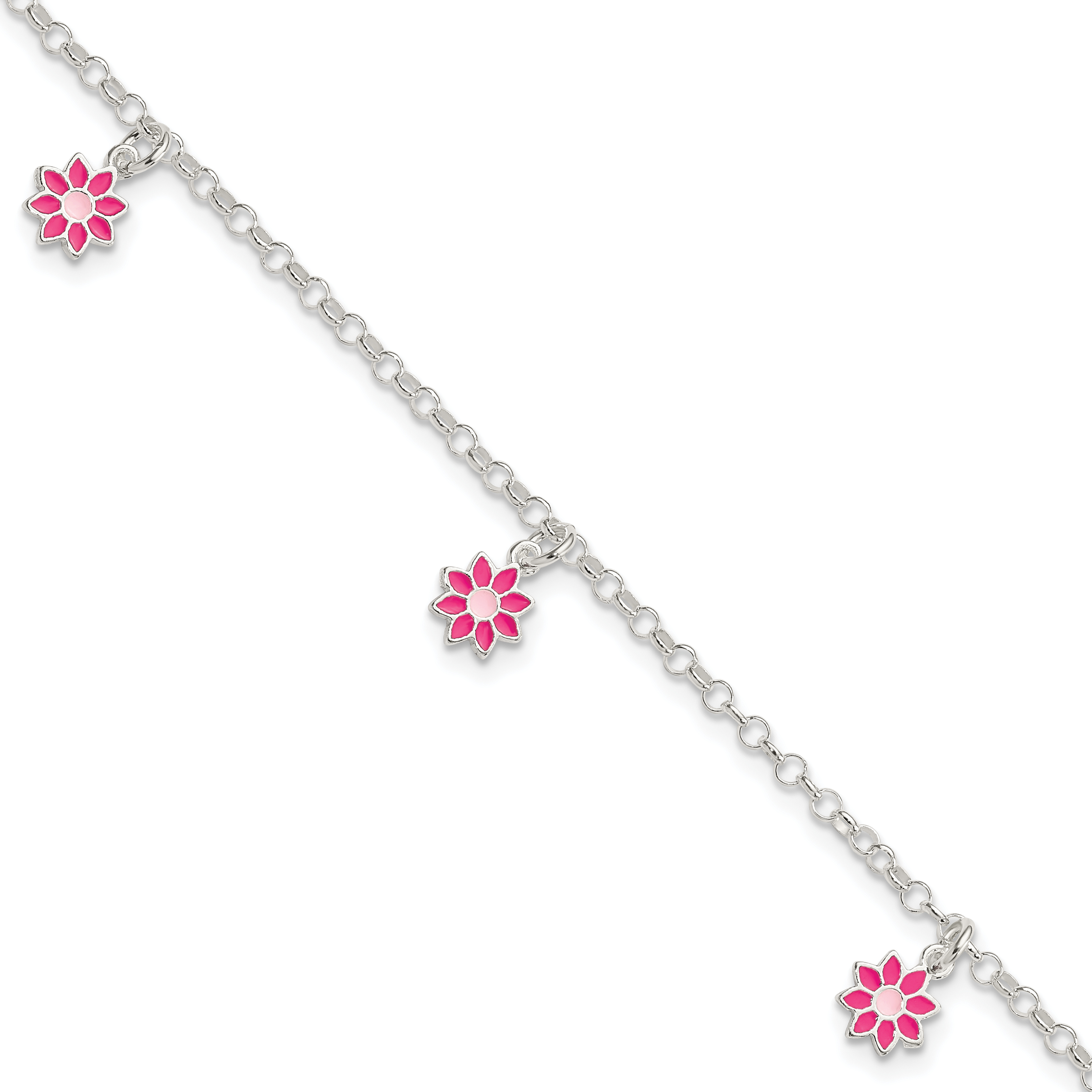 Sterling Silver Polished Pink Enameled Flowers Children's Bracelet (QG4089-6)
