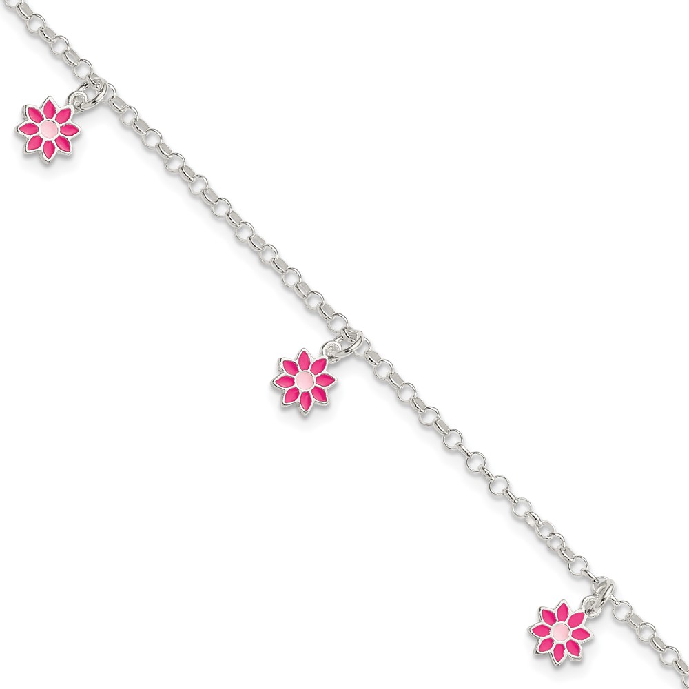 Sterling Silver Polished Pink Enameled Flowers Children's Bracelet (QG4089-6)