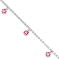 Sterling Silver Polished Pink Enameled Dangle Flowers Bracelet, 6" view 1