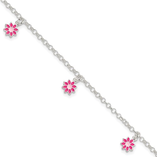 Sterling Silver Polished Pink Enameled Dangle Flowers Bracelet, 6"