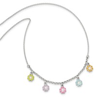 Sterling Silver Polished Multi-color Enameled Dangle Flower Necklace, 14" view 2