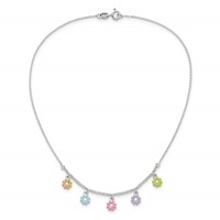Sterling Silver Polished Multi-color Enameled Dangle Flower Necklace, 14" view 5