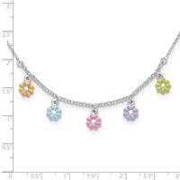 Sterling Silver Polished Multi-color Enameled Dangle Flower Necklace, 14" view 3