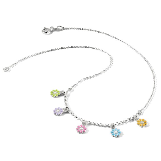 Sterling Silver Polished Multi-color Enameled Flowers Children's Necklace