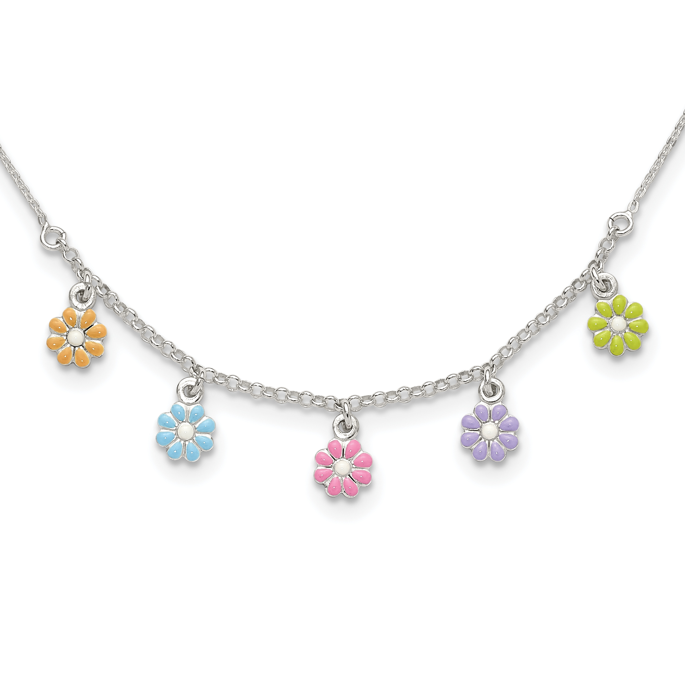 Sterling Silver Polished Multi-color Enameled Flowers Children's Necklace (QG4091-14)