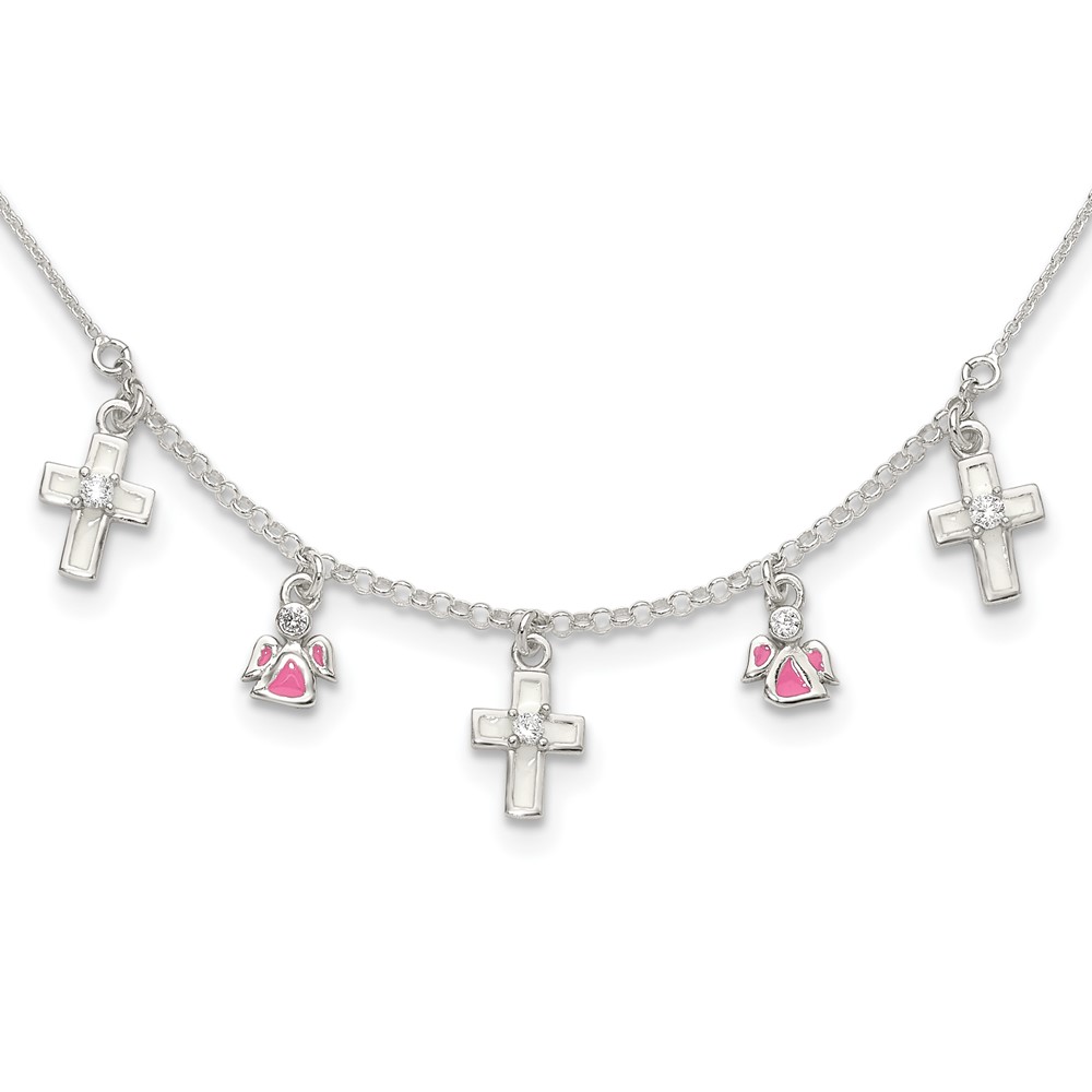 Sterling Silver Enamel CZ Cross and Angels Childs Necklace
