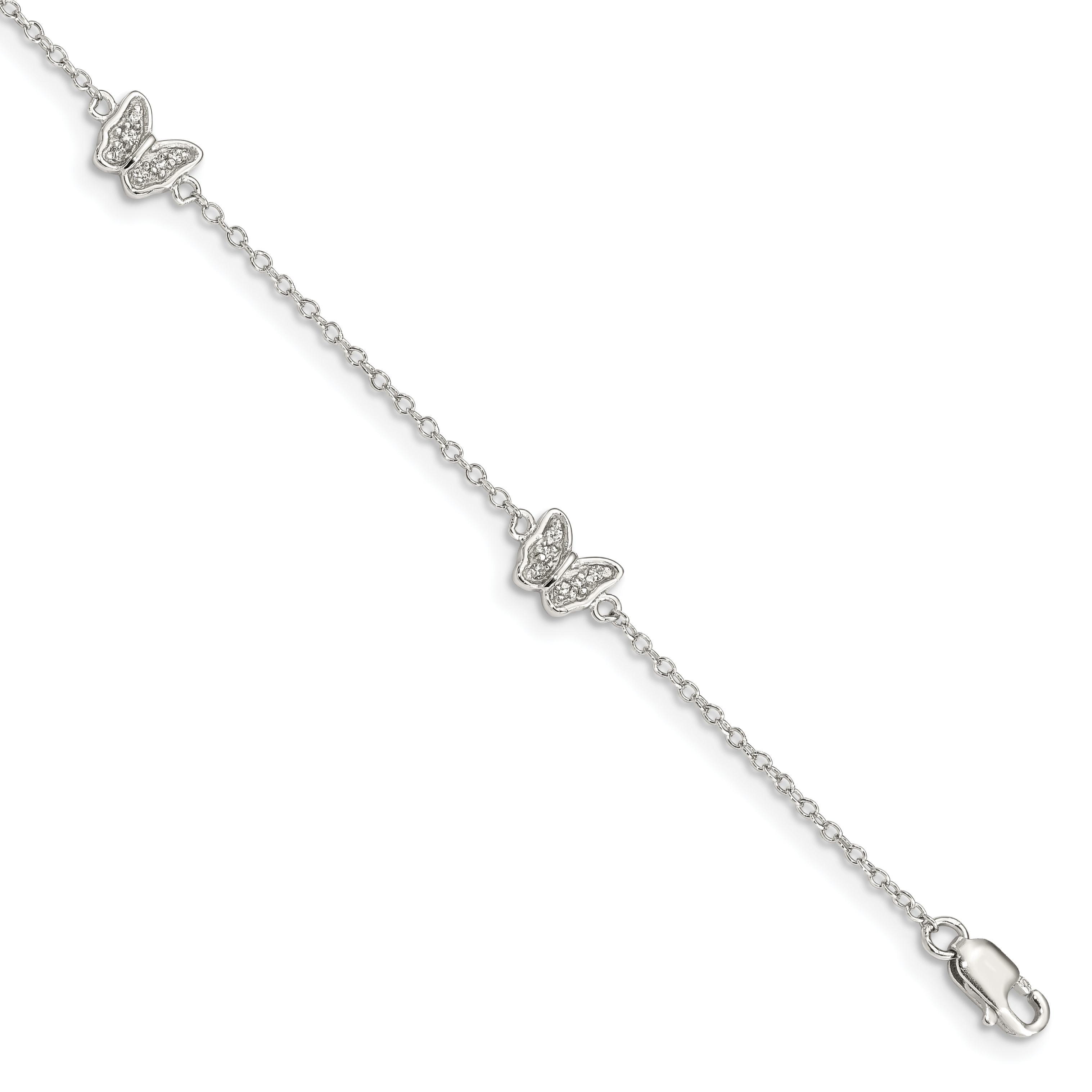 Sterling Silver Rhodium-plated Polished CZ Butterflies 6 inch Bracelet with 1 inch extension (QG4098-6)