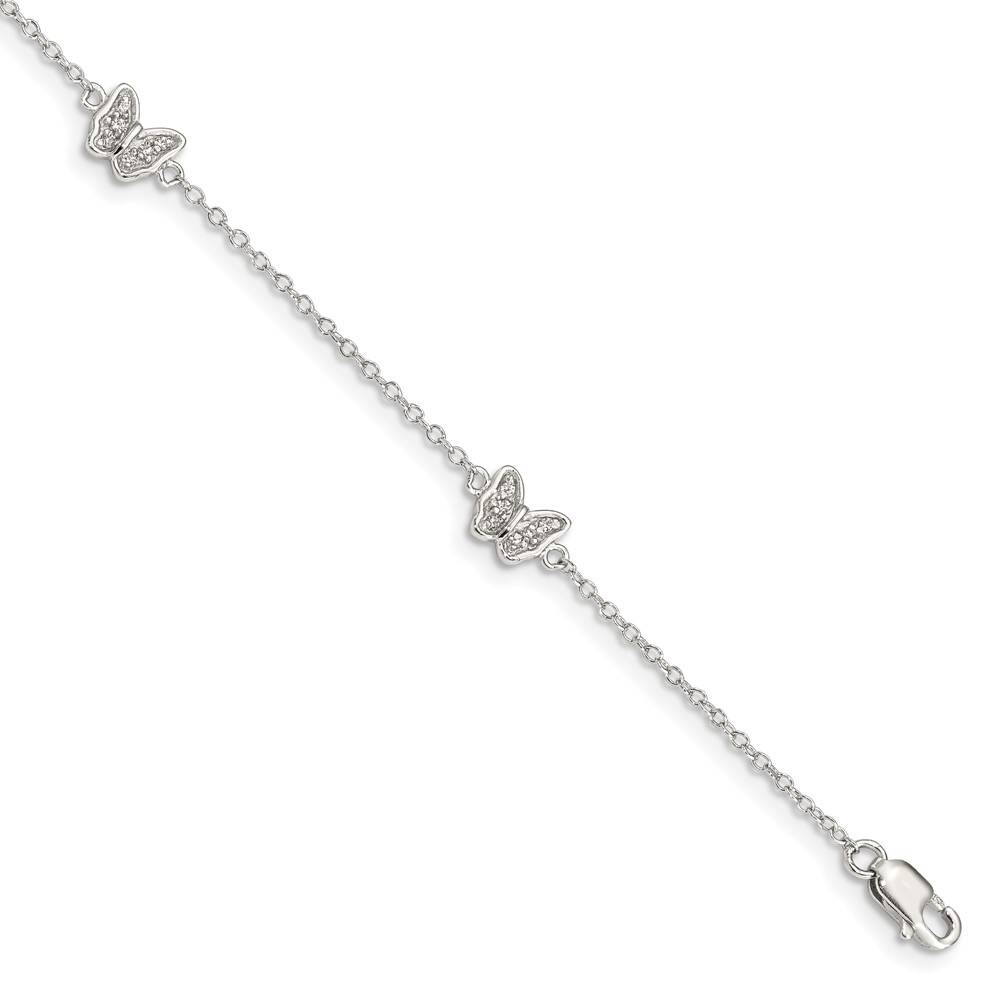 Sterling Silver Rhodium-plated Polished CZ Butterflies 6 inch Bracelet with 1 inch extension (QG4098-6)