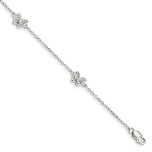 Sterling Silver Rhodium-plated Polished CZ Butterflies Bracelet with 1 Inch Extension, 6"