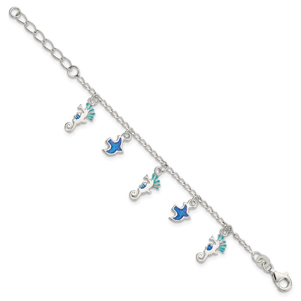 Sterling Silver Enameled Seahorse & Birds w/ 1in ext. Children's Bracelet (QG4099-5)