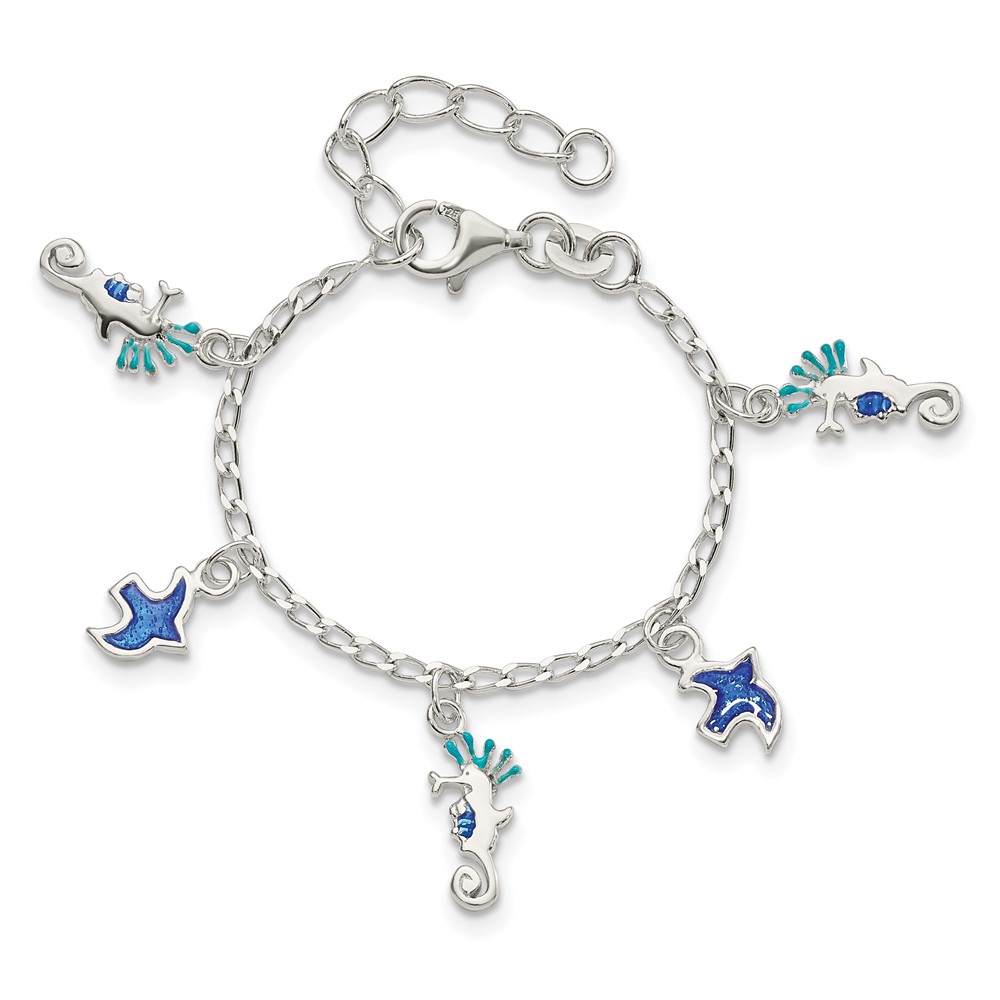 Sterling Silver Enameled Seahorse & Birds w/ 1in ext. Children's Bracelet (QG4099-5)