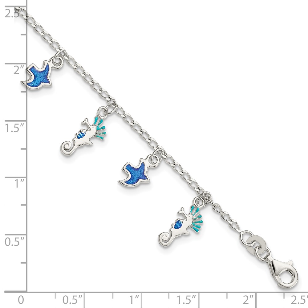 Sterling Silver Enameled Seahorse & Birds w/ 1in ext. Children's Bracelet (QG4099-5)