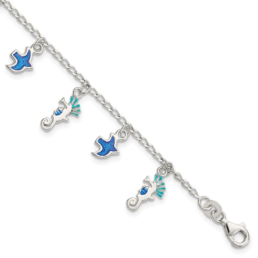 Sterling Silver Enameled Seahorse & Birds w/ 1in ext. Children's Bracelet (QG4099-5)