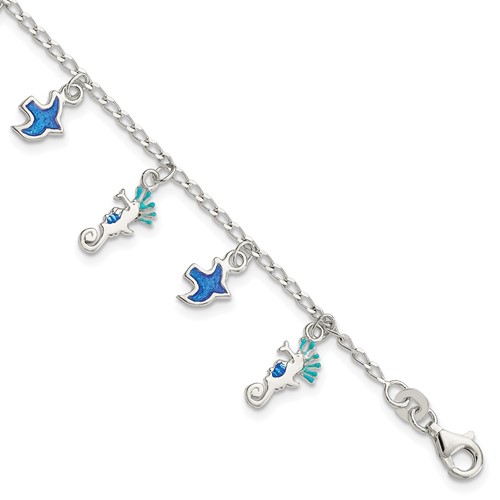 Sterling Silver Enameled Seahorse & Birds Bracelet with Ext., 1"