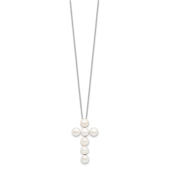Sterling Silver Rhodium-plated 6-7mm White Button Freshwater Cultured Pearl Cross 17 inch Necklace