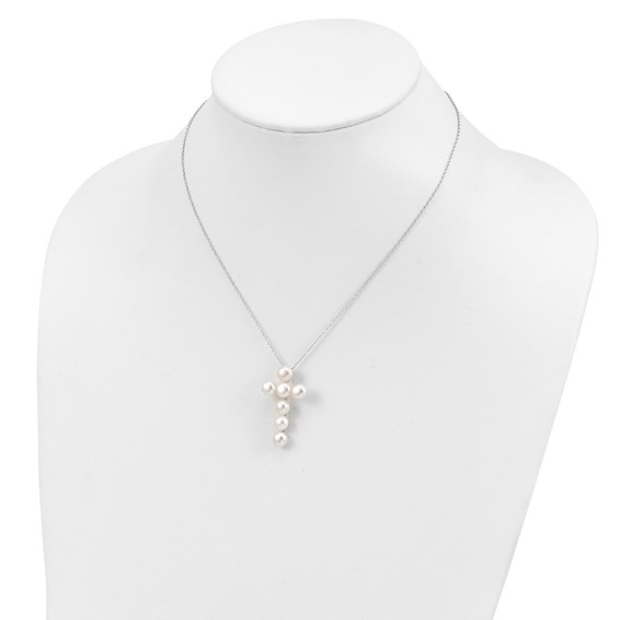 Sterling Silver Rhodium-plated 6-7mm White Button Freshwater Cultured Pearl Cross 17 inch Necklace