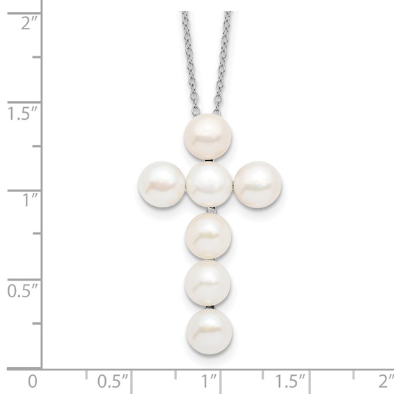 Sterling Silver Rhodium-plated 6-7mm White Button Freshwater Cultured Pearl Cross 17 inch Necklace