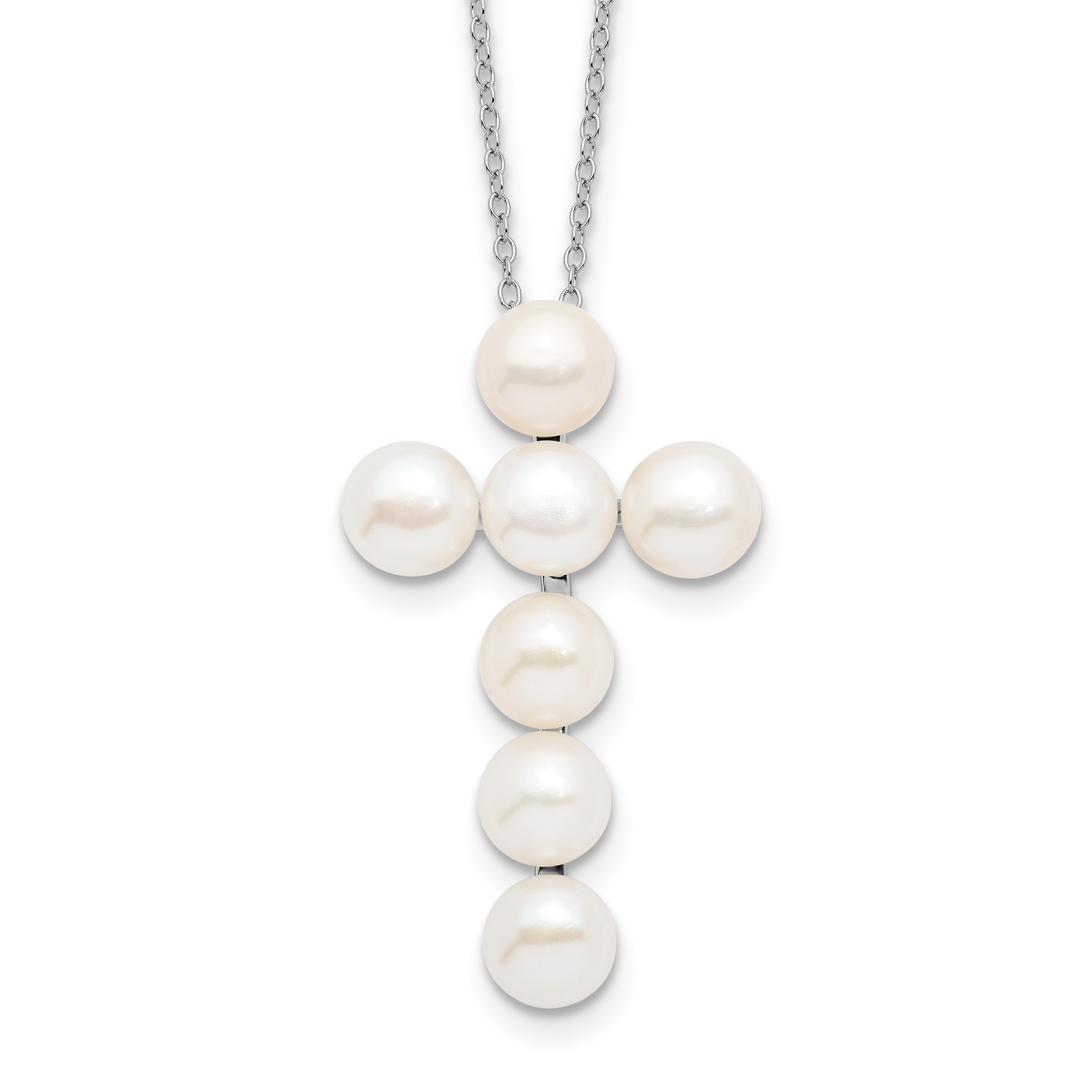 Sterling Silver Rhodium-plated 6-7mm White Button Freshwater Cultured Pearl Cross 17 inch Necklace (QG4100-17)