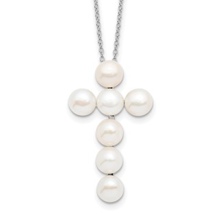 Sterling Silver Rhodium-plated 6-7mm White Button Freshwater Cultured Pearl Cross 17 inch Necklace