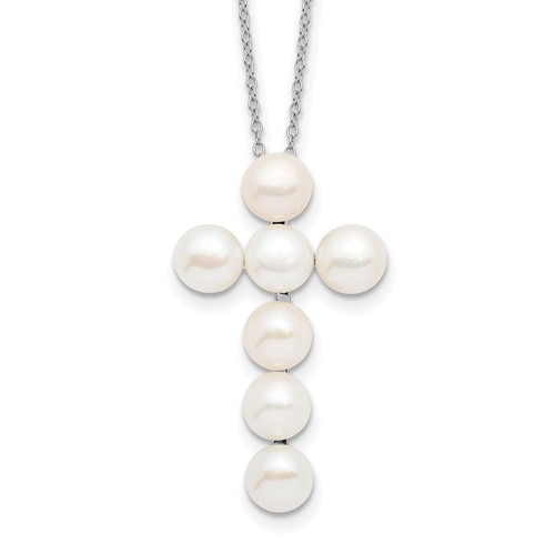 Sterling Silver Rhodium-plated 6-7mm White Button Freshwater Cultured Pearl Cross Necklace, 17"