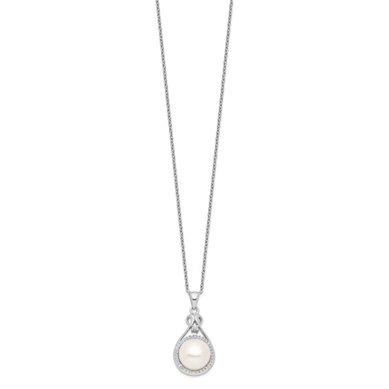 Sterling Silver Rhodium-plated 10-11mm White Button Freshwater Cultured Pearl and CZ 17 inch Necklace