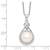 Sterling Silver Rhodium-plated 10-11mm White Button Freshwater Cultured Pearl and CZ Necklace, 17" view 3