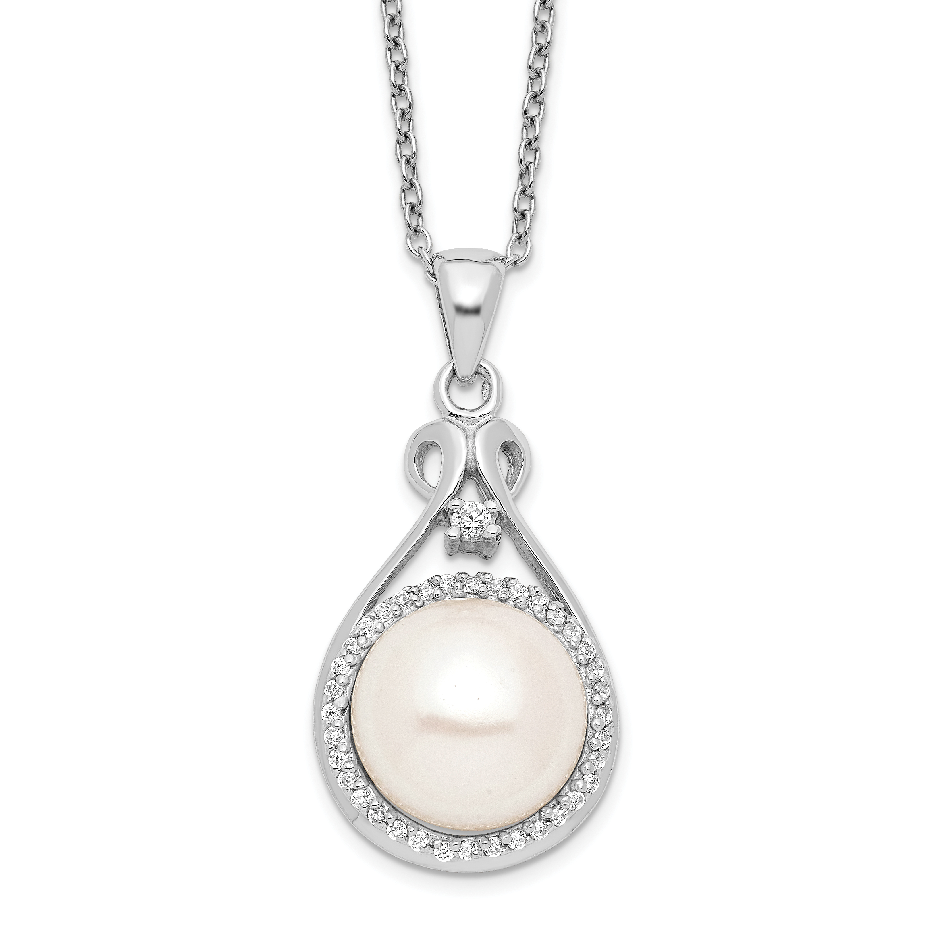 Sterling Silver Rhodium-plated 10-11mm White Button Freshwater Cultured Pearl and CZ 17 inch Necklace (QG4101-17)