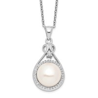 Sterling Silver Rhodium-plated 10-11mm White Button Freshwater Cultured Pearl and CZ Necklace, 17" view 1