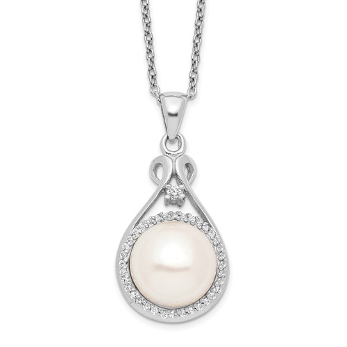 Sterling Silver Rhodium-plated 10-11mm White Button Freshwater Cultured Pearl and CZ Necklace, 17"
