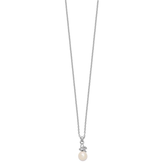 Sterling Silver Rhodium-plated 6-7mm White Button Freshwater Cultured Pearl and CZ 17 inch Necklace