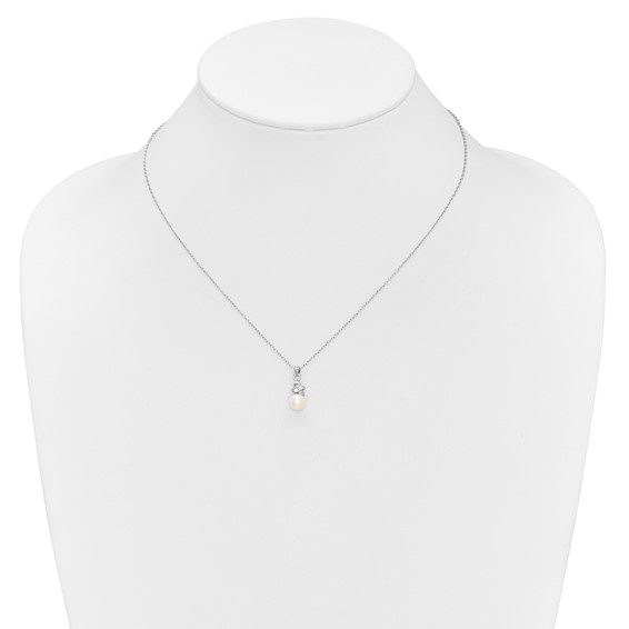 Sterling Silver Rhodium-plated 6-7mm White Button Freshwater Cultured Pearl and CZ 17 inch Necklace