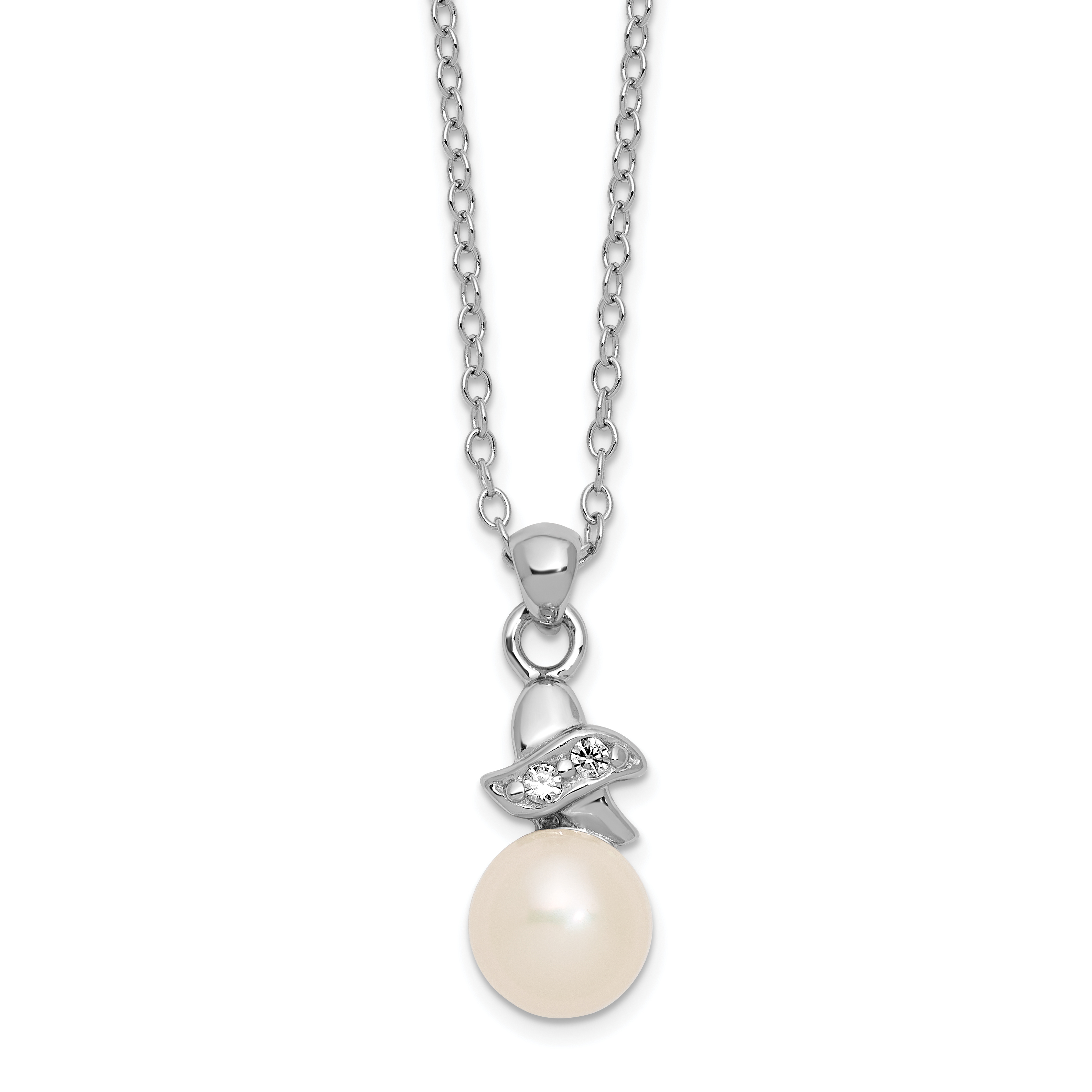 Sterling Silver Rhodium-plated 6-7mm White Button Freshwater Cultured Pearl and CZ 17 inch Necklace (QG4125-17)