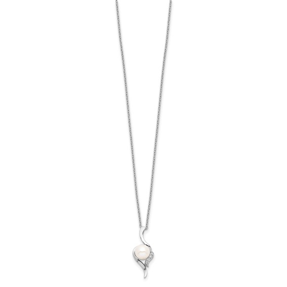 Sterling Silver Rhodium-plated 6-7mm White Semi-Round Freshwater Cultured Pearl and CZ 17 inch Necklace