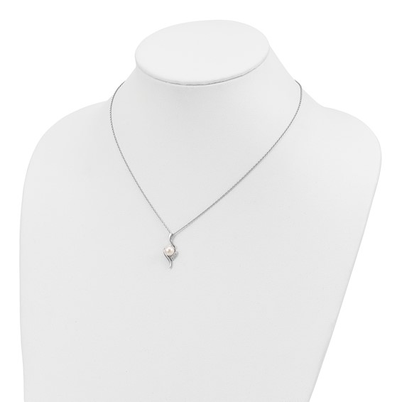Sterling Silver Rhodium-plated 6-7mm White Semi-Round Freshwater Cultured Pearl and CZ 17 inch Necklace